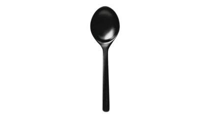 Black spoon isolated on a transparent background with a sleek design suitable for modern table settings and culinary uses.