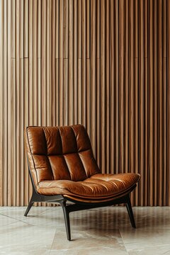 Ein edler brauner Ledersessel vor einer Holzwand 