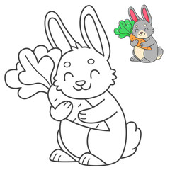 Rabbit with carrot coloring book with coloring example for kids. Coloring page with cute bunny. Black and white and color version. Vector children's illustration.