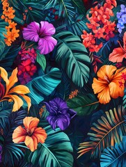 A dense jungle-inspired floral design with hibiscus, monstera leaves, and exotic orchids in vivid colors
