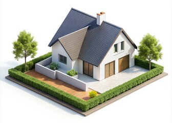 Isometric House Landscape Photography: Linear Style Home Illustration,  White Background, Editable  EPS10