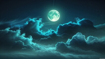 Fototapeta premium A Dramatic and Richly Toned Night Sky with Deep Blues and Vibrant Stars, Highlighted by a Stunning Full Moon and Wispy Clouds, Creating a Breathtaking Celestial View