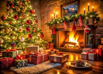 Fototapeta premium Cozy Christmas Hearth: Long Exposure Fireplace, Gifts, Tree, Winter Holiday