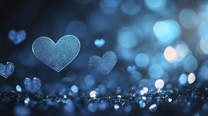 Fototapeta premium Glittering hearts in luminous blue background create dreamy atmosphere