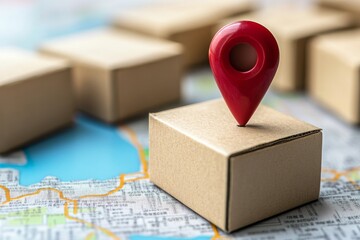 A Location Pin on Top of Cardboard Boxes with an Online Map Background