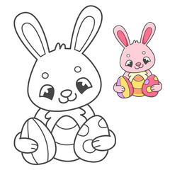 Pink rabbit with Easter eggs coloring book with coloring example for kids. Coloring page with cute bunny. Black and white and color version. Vector children's illustration.