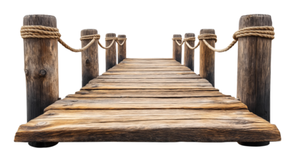 wooden pier, weathered old pine wood boardwalk dock, rope on posts, cutout png