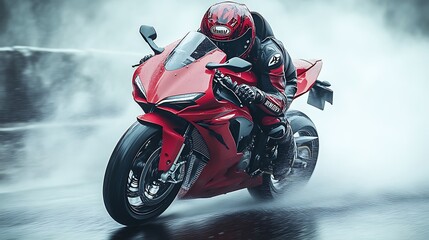 Red superbike rider in rain.