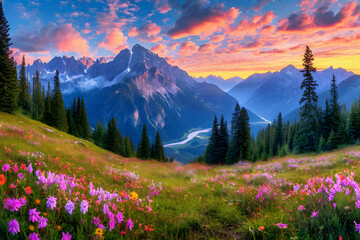 Naklejka premium Fabulous mountain landscape with peaks, blooming flowers and misty haze.