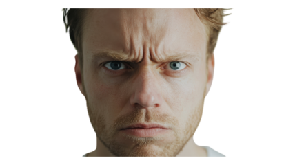 A close-up of a serious man with piercing blue eyes and an intense expression on his face in a neutral setting.