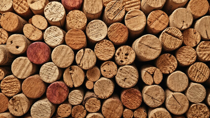 Variety of wine corks arranged neatly in a vibrant display showcasing different textures and brands