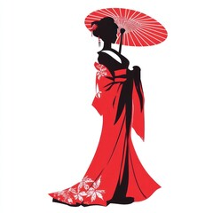Elegant Geisha Silhouette in Red Kimono with Parasol