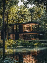 Fototapeta premium Modern house surrounded by lush greenery near tranquil water during golden hour captures serene natural beauty and architectural elegance. Generative AI