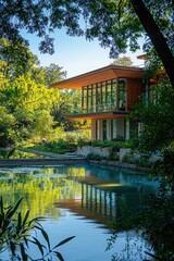 Obraz premium Modern house surrounded by lush greenery near tranquil water during golden hour captures serene natural beauty and architectural elegance. Generative AI
