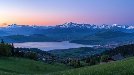 Obraz premium Sunrise over the Swiss Alps and Lake Thun: A Breathtaking Panorama