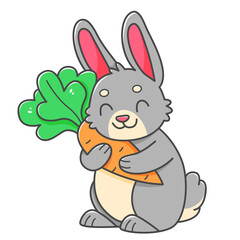 Cute bunny with carrot in cartoon style. Vector isolated on white illustration.