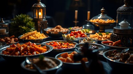 Varied Festive Food Feast Dark Setting Metal Bowls