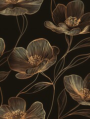 Minimalist line-art floral pattern with gold outlines on a black background, elegant and modern