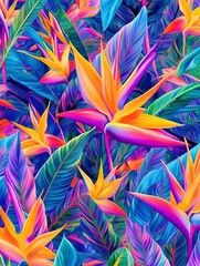 Tropical floral pattern featuring bird-of-paradise flowers, palm leaves, and vibrant neon colors