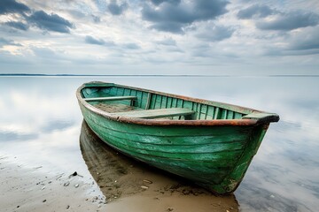 Naklejka premium Antique Green Wooden Boat on Tranquil Lakeside Shore