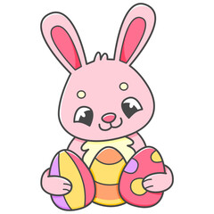 Cute pink Easter bunny with Easter eggs in cartoon style. Vector isolated on white illustration.