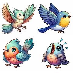 Naklejka premium Colorful cartoon birds with distinct features and vibrant designs are illustrated in a playful style