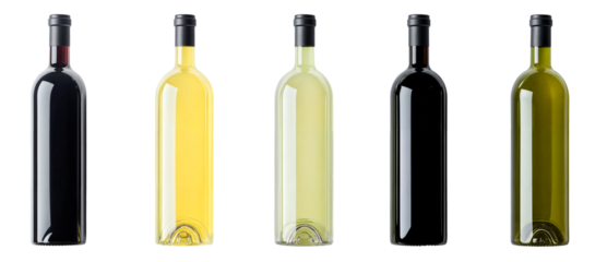 Collection of wine bottles in various colors, isolated on a transparent background