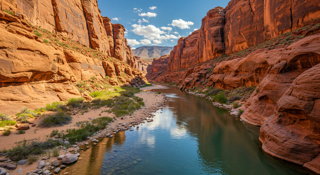 A river flowing through a red rock canyon with sparse greenery and blue sky.
