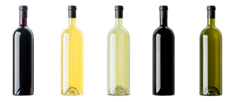 Collection of wine bottles in various colors, isolated on a transparent background