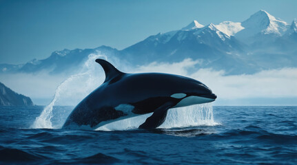 Fototapeta premium Orca breaching in front of majestic mountains during a bright day in a coastal environment
