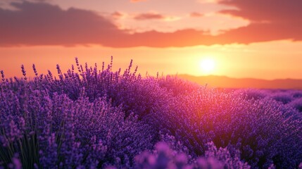 Vibrant sunset over a vast lavender field.