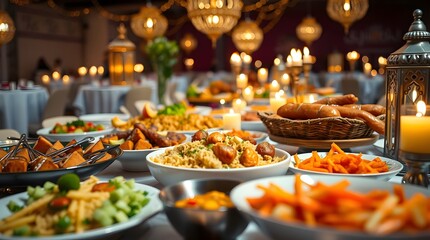 Fototapeta premium Delicious Festive Buffet Dinner Warm Candlelit Setting Abundant Food Dishes