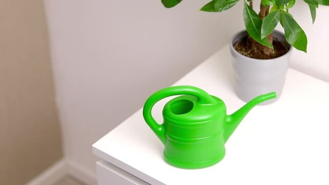 A green watering can near a Pachira aquatica plant growing in a pot standing on white table in a room at home