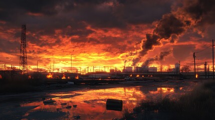 Naklejka premium A dramatic industrial landscape at sunset, showcasing pollution and environmental decay.