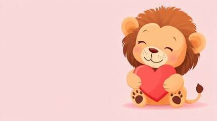 Fototapeta premium Cute cartoon lion holding red heart on pastel pink background with copyspace, adorable Valentine’s Day animal illustration for February 14 greeting cards, kids’ gifts, romantic decorations