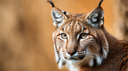 Obraz premium Beautiful lynx resting in a natural habitat with soft brown background and attentive expression at sunset