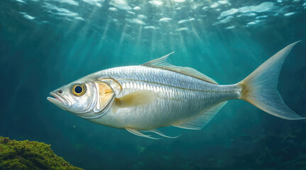 Fototapeta premium Silver fish swims gracefully in clear blue underwater habitat surrounded by soft green vegetation