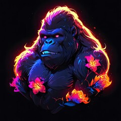 Neon Gorilla with Tropical Flowers: A Vibrant Digital Art