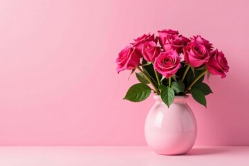 Fototapeta premium A bouquet of bright pink roses in a minimalist pink vase on a plain pink surface, pink roses, contemporary, roses