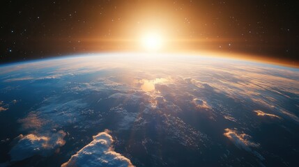 A satellite in orbit above the Earth, viewed from space with a blue sky and red clouds below. The Earth's horizon is visible at dusk or dawn