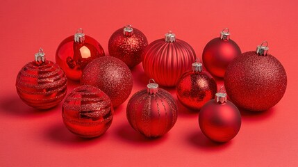 A collection of red Christmas ornaments on a vibrant background.