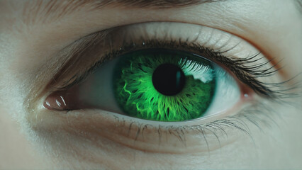 Fototapeta premium Intricate green eye with vibrant colors revealing striking details and patterns in natural light