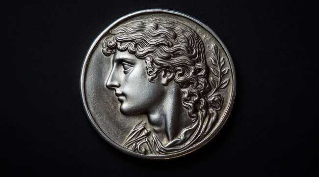 A silver coin of ancient Greece with the profile portrait on one side and an illustration representing Ganymede on the other, the face is in frontal view and looking directly at the camera