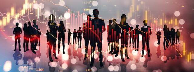 Silhouettes of businesspeople with financial charts on blurred background.
