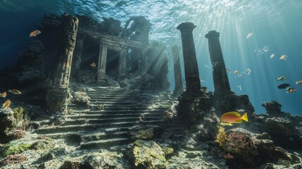 an underwater temple in the middle of the ocean with fish swimming in front of it