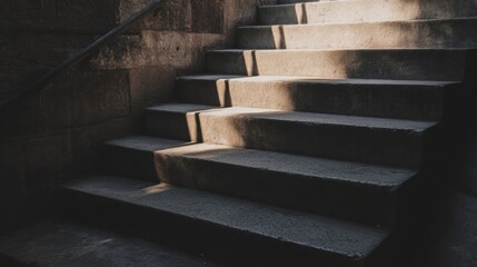 Sunlit stone steps leading upwards in a shadowy passageway.