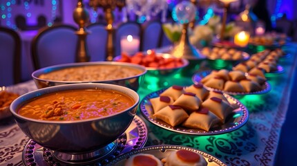 Delicious Indian Cuisine Buffet Warm Spiced Dishes Sweet Treats Elegant Setting