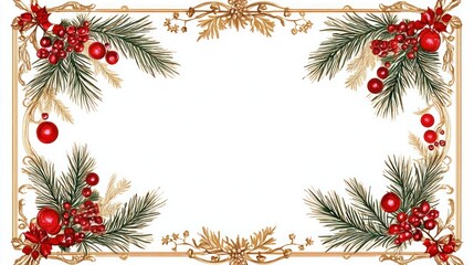 A festive border featuring pine branches and red berries.