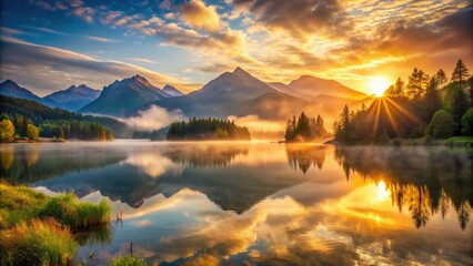 Fototapeta premium Peaceful dawn breaks over serene lake, majestic mountains mirroring calm.