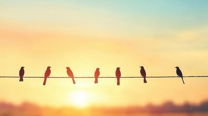 A flock of birds perched on powerlines against a golden sunset, serene and motionless, patience, waiting, stability
